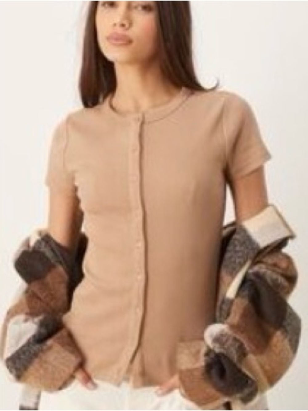 Abercrombie & Fitch Ribbed Button-Front Top Tan Large Short Sleeves